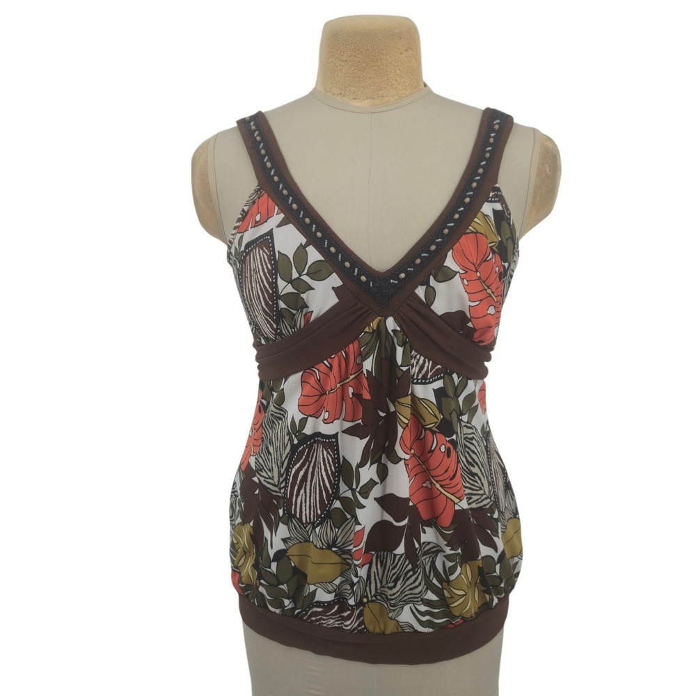J.T.B. Sleeveless Blouse L Brown Tropical Floral Beaded V-Neck Top Babydoll Boho